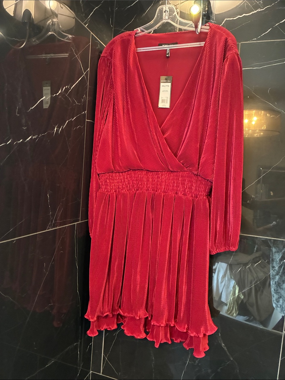 BCBG Paris Pleated Satin-Look Mini Dress β Burgundy/Wine